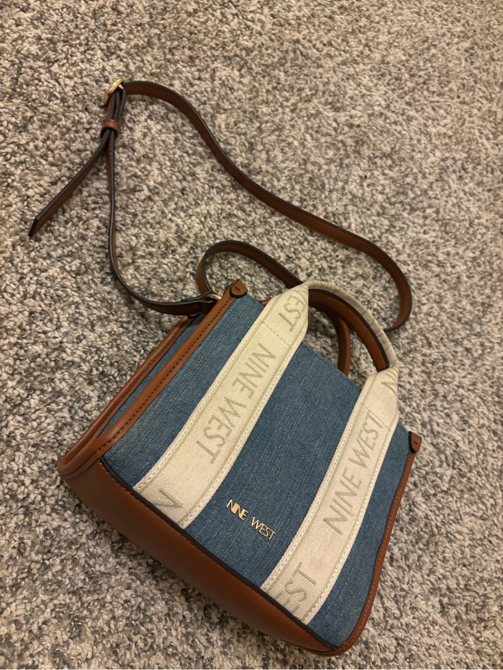 Nine West Blue Denim and Brown Leather Crossbody with Cream Logo Straps